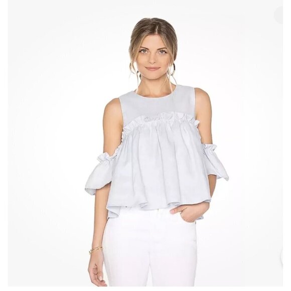 J.O.A.‎ Los Angeles Layered Ruffle Cold Shoulder Top Chambray 100% Linen Size S - Picture 1 of 8